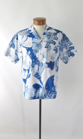 Mens Vintage 70s Blue White Hawaiian Shirt XL
