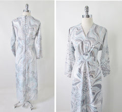 Vintage 70's Icy Blue & Silver Swirl Maxi Dress Gown XL - 1X - Bombshell Bettys Vintage