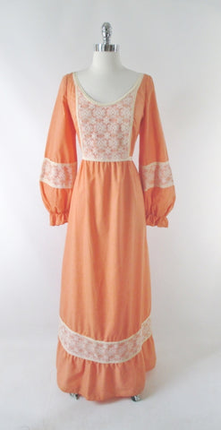 Vintage 70s Victorian Revival Peach Lace Prairie Dress XL