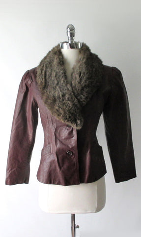 Vintage 70's Red Oxblood Fur Collar Leather Jacket M