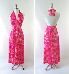 Vintage 70's Pink Hibiscus Hawaiian Halter Dress XS - Bombshell Bettys Vintage