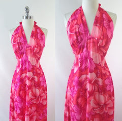 Vintage 70's Pink Hibiscus Hawaiian Halter Dress XS - Bombshell Bettys Vintage