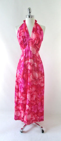 • Vintage 70's Pink Hibiscus Hawaiian Halter Dress XS