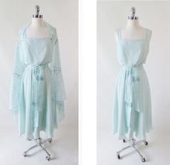 Vintage 70's Airy Blue Summer Dress & Beaded Flower Shawl L - Bombshell Bettys Vintage