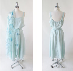 Vintage 70's Airy Blue Summer Dress & Beaded Flower Shawl L - Bombshell Bettys Vintage