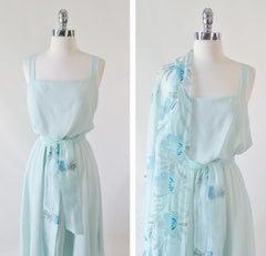 Vintage 70's Airy Blue Summer Dress & Beaded Flower Shawl L - Bombshell Bettys Vintage