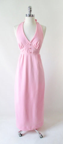 • Vintage 70's Pink Halter Dress Rhinestone Button Maxi Gown S