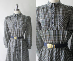 Vintage 70s Preppy Tartan Plaid Full Skirt Day Dress S - Bombshell Bettys Vintage