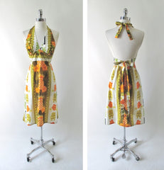 Vintage 70's Hawaiian Tiki Halter Dress S - Bombshell Bettys Vintage