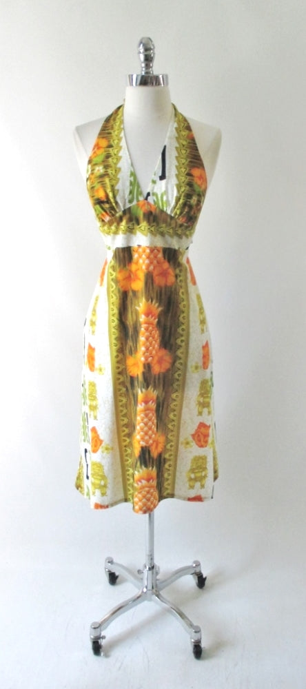 Vintage 70's Hawaiian Tiki Halter Dress S - Bombshell Bettys Vintage