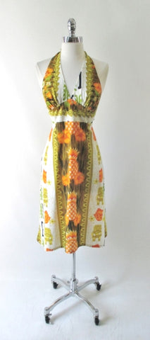• Vintage 70's Hawaiian Tiki Halter Dress S