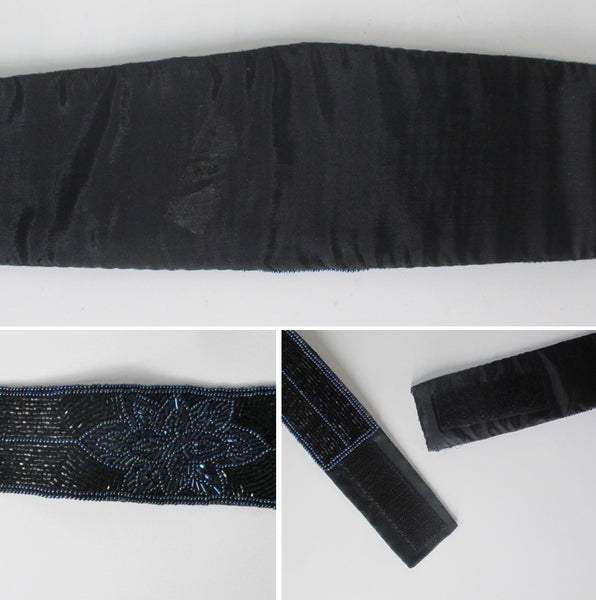 Vintage 80s Black & Blue Beaded Satin Evening Belt M / L  display picture 2