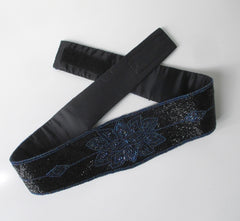 Vintage Black Blue Beaded Fabric Belt - Bombshell Bettys Vintage