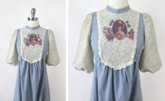 Vintage 70s Victorian Revival Girls Chambray Lace Prairie Dress S