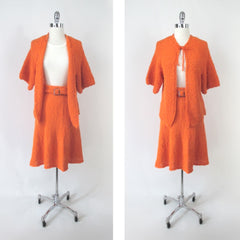 Vintage 60s 70s Orange Hand Kit Jacket + Skirt + Belt Set XL