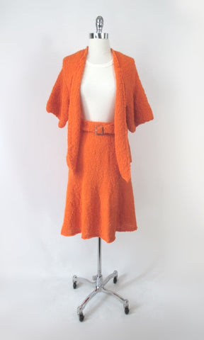 Vintage 60s 70s Orange Hand Kit Jacket + Skirt + Belt Set XL