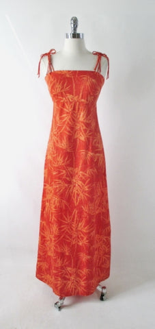 Vintage 70s Tropical Bamboo Orange Maxi Dress S