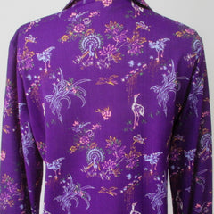 Vintage 70s Womens Purple Birds Novelty Print Poly Top Shirt L