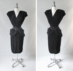 Vintage 80's Goes 40's Black Peplum Dress & Matching Rhinestone Belt XS - Bombshell Bettys Vintage