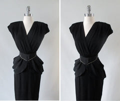 Vintage 80's Goes 40's Black Peplum Dress & Matching Rhinestone Belt XS - Bombshell Bettys Vintage