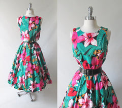 • Vintage 80's / 50's Inspired Tropical Flowers Full Skirt Day Dress - Bombshell Bettys Vintage