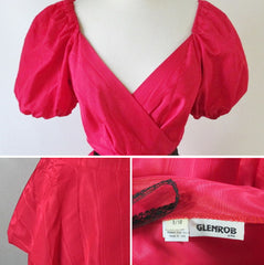 Vintage 80's Red Moire Taffeta Puff Sleeve Peplum Sheath Dress M - Bombshell Bettys Vintage
