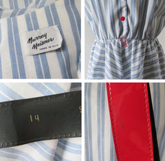 Vintage 80's White & Blue Chambray Stripe Full Skirt Day Dress L - Bombshell Bettys Vintage
