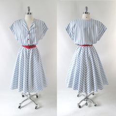 Vintage 80's White & Blue Chambray Stripe Full Skirt Day Dress L - Bombshell Bettys Vintage