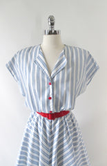 Vintage 80's White & Blue Chambray Stripe Full Skirt Day Dress L - Bombshell Bettys Vintage