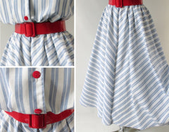 Vintage 80's White & Blue Chambray Stripe Full Skirt Day Dress L - Bombshell Bettys Vintage