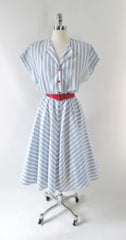 Vintage 80's White & Blue Chambray Stripe Full Skirt Day Dress L - Bombshell Bettys Vintage