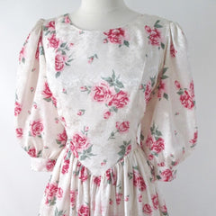 Vintage 80s Red Pink Roses Full Skirt Tea Party Dress L - Bombshell Bettys Vintage