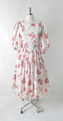 Vintage 80s Red Pink Roses Full Skirt Tea Party Dress L - Bombshell Bettys Vintage