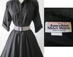 Vintage 80's Black White Stripe Belt American Shirt Dress M - Bombshell Bettys Vintage