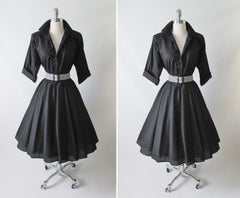 Vintage 80's Black White Stripe Belt American Shirt Dress M - Bombshell Bettys Vintage