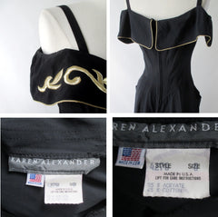 Vintage 80s Karen Alexander Black & Gold Trim Sweetheart Jumpsuit M - Bombshell Bettys Vintage