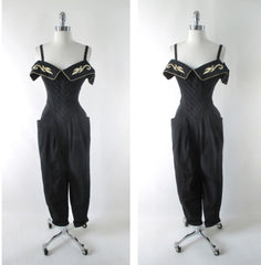 Vintage 80s Karen Alexander Black & Gold Trim Sweetheart Jumpsuit M - Bombshell Bettys Vintage