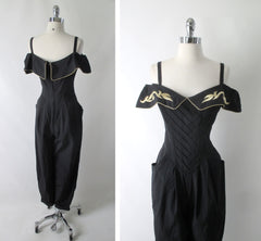 Vintage 80s Karen Alexander Black & Gold Trim Sweetheart Jumpsuit M - Bombshell Bettys Vintage