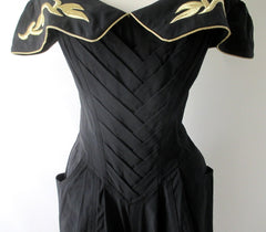 Vintage 80s Karen Alexander Black & Gold Trim Sweetheart Jumpsuit M - Bombshell Bettys Vintage