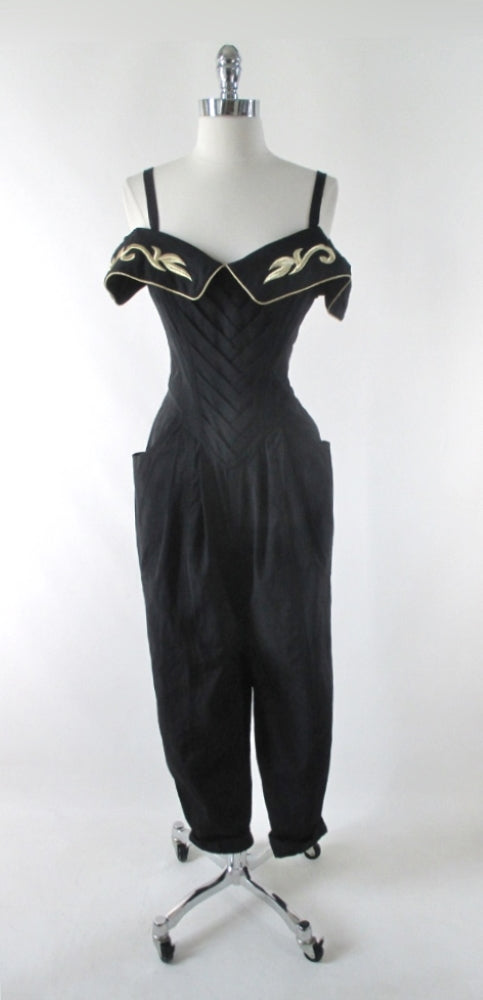 Vintage 80s Karen Alexander Black & Gold Trim Sweetheart Jumpsuit M - Bombshell Bettys Vintage