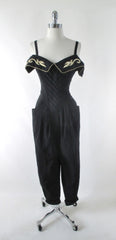 Vintage 80s Karen Alexander Black & Gold Trim Sweetheart Jumpsuit M - Bombshell Bettys Vintage
