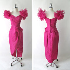 Vintage 80's Magenta Puff Shoulders Party Gown Dress S - Bombshell Bettys Vintage
