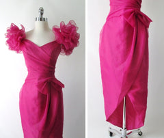 Vintage 80's Magenta Puff Shoulders Party Gown Dress S - Bombshell Bettys Vintage