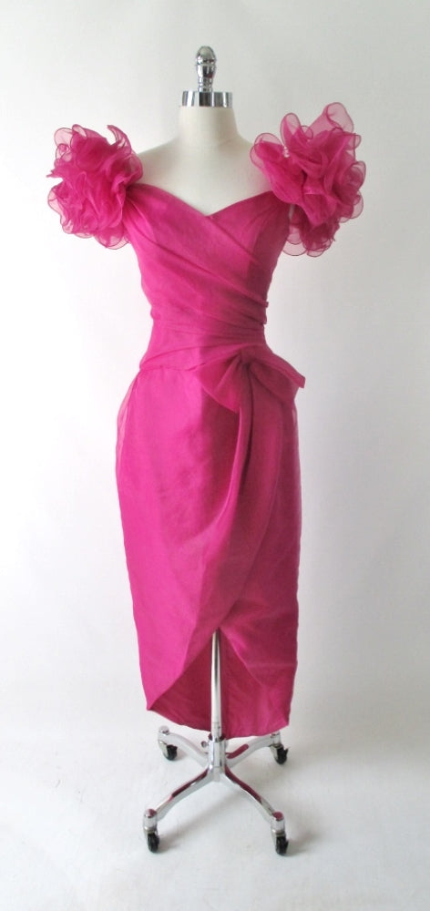 Vintage 80's Magenta Puff Shoulders Party Gown Dress S - Bombshell Bettys Vintage