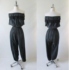 Vintage 80's Black Gauze Strapless Jumpsuit M L - Bombshell Bettys Vintage