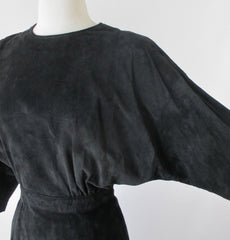 Vintage 80's Black Suede Leather Dolman Sleeve Dress - Bombshell Bettys Vintage