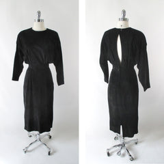 Vintage 80's Black Suede Leather Dolman Sleeve Dress - Bombshell Bettys Vintage