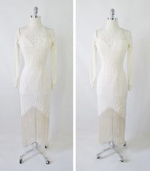 Vintage 80's / 90's Antique White Lace Fringe Bodycon Dress M - Bombshell Bettys Vintage