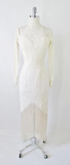 Vintage 80's / 90's Antique White Lace Fringe Bodycon Dress M - Bombshell Bettys Vintage