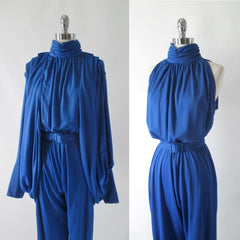Vintage 80s Blue Jumpsuit Matching Cocoon Wrap L - Bombshell Bettys Vintage